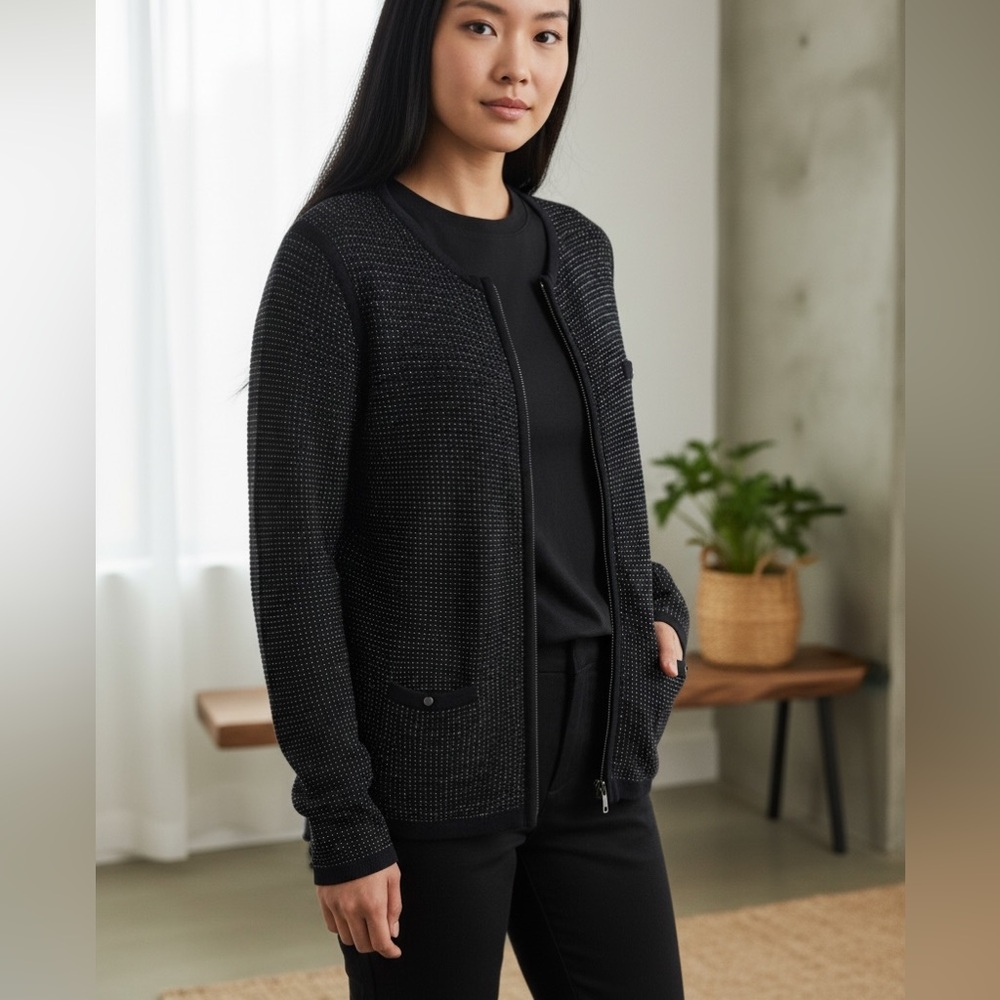 Gerard Darel | Black Zip-Front Cardigan – Metallic Shimmer - Viscose Blend